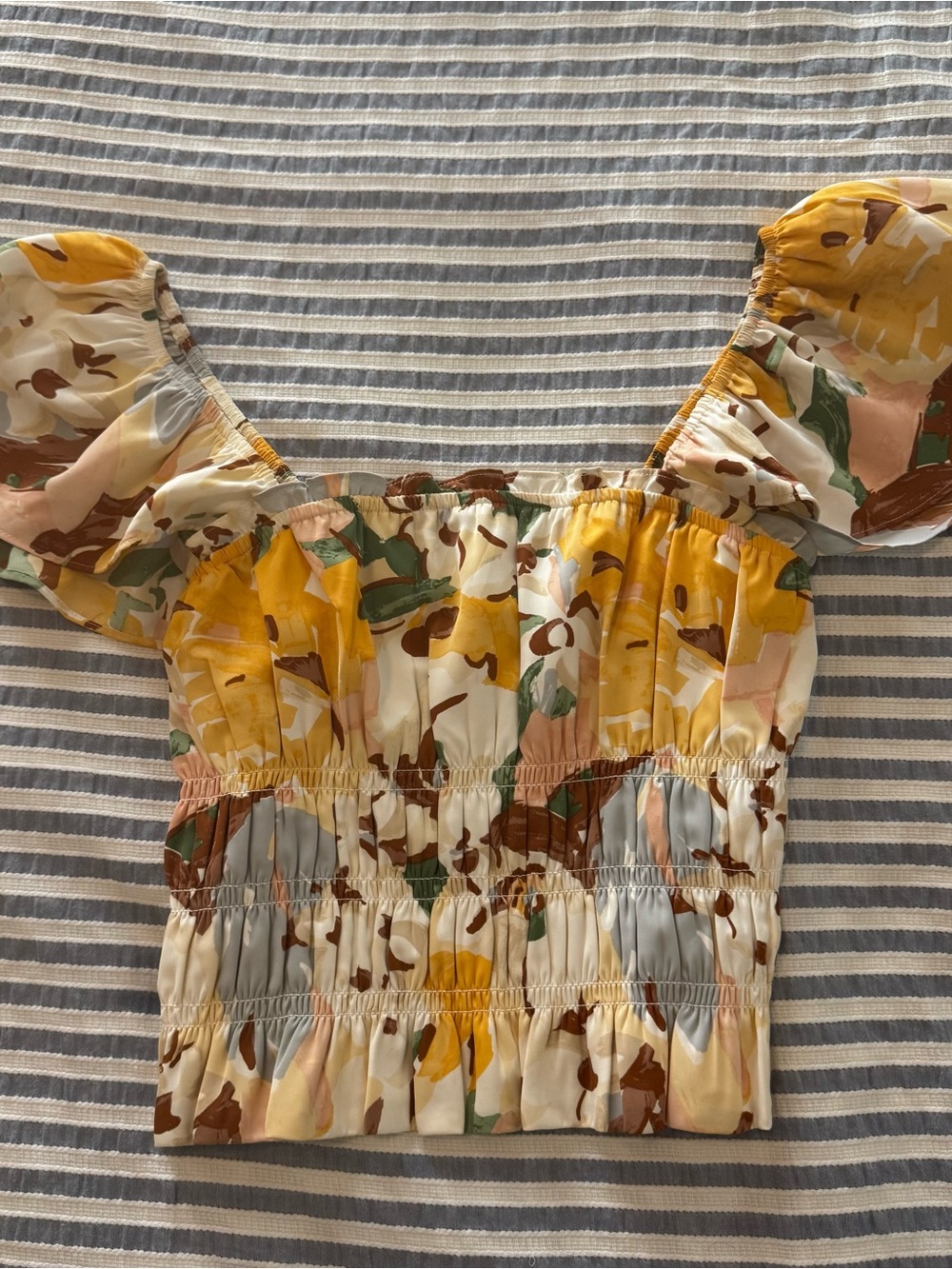 Abercrombie & Fitch Floral Smocked Crop Top in Peach, Yellow & Green